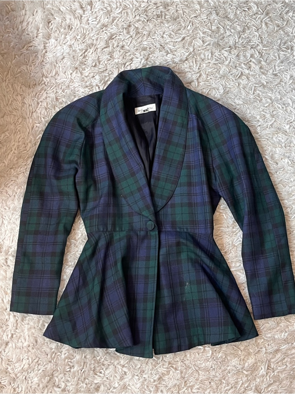 le chateau Navy & Green Plaid Peplum Blazer